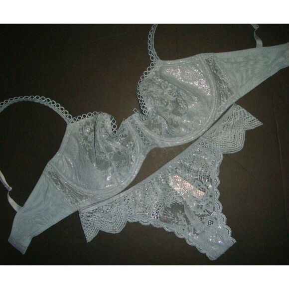 Victoria's Secret unlined 34C BRA SET S Thong BLUE GRAY silver foil embroidered - Picture 1 of 3